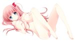  bad_id bad_pixiv_id barefoot blue_eyes blush bow breasts convenient_leg covering covering_breasts hair_bow haramura_nodoka huge_breasts long_hair lying nude on_back pink_hair ribbon saki solo tokumi_yuiko 