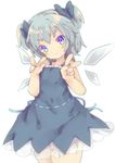  alternate_hairstyle bad_id bad_pixiv_id blue_dress blue_eyes blue_hair blush bow cirno double_v dress hair_bow head_tilt looking_at_viewer masirosu short_hair smile solo touhou twintails v wings 