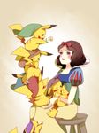  beanie black_hair blush clothed_pokemon cosplay disney dress flower gen_1_pokemon hairband hat holding izusetsu pikachu pokemon pokemon_(creature) red_eyes short_hair sitting smile snow_white_(disney) snow_white_and_the_seven_dwarfs too_many too_many_pikachu 