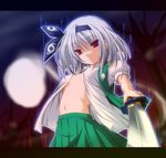  alternate_eye_color aura black_hairband breasts cleavage ghost hairband hitodama katana konpaku_youmu konpaku_youmu_(ghost) letterboxed medium_breasts navel no_bra nori_tamago open_clothes open_shirt pleated_skirt red_eyes shirt short_hair silver_hair skirt solo sword touhou upper_body weapon 