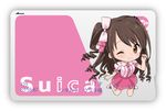  bad_id bad_pixiv_id blush boots bow card hair_bow half_updo high_heels idolmaster idolmaster_cinderella_girls long_hair lowres one_eye_closed pink_check_school shimamura_uzuki shoes solo suica suica_design tsukigami_runa 