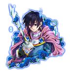  black_hair blue_eyes blue_flower blue_rose cape flower frown leon_magnus liel_(andaniel) male_focus pink_cape rose solo sword tales_of_(series) tales_of_destiny transparent_background weapon 