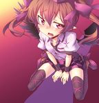  akakage_red black_legwear blush breasts brown_hair checkered checkered_skirt fang geta hat heart heart-shaped_pupils highres himekaidou_hatate long_hair necktie open_mouth purple_eyes skirt small_breasts solo symbol-shaped_pupils tengu-geta thighhighs tokin_hat touhou twintails wings wristband 