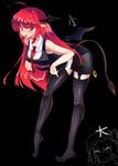  ahoge bare_shoulders bat_wings black_background black_legwear blush demon_tail eila_yagyu garter_straps head_wings koakuma long_hair mole necktie red_eyes red_hair red_neckwear simple_background skirt solo tail thighhighs tongue tongue_out touhou wings 