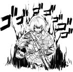  angry assault_rifle aura didloaded greyscale gun load_bearing_vest looking_at_viewer m4_carbine magazine_(weapon) military military_operator military_uniform mizuhashi_parsee monochrome pointy_ears rifle short_hair simple_background solo touhou uniform weapon 
