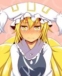  alternate_hairstyle animal_ears blonde_hair blush commentary_request fox_ears fox_tail hat long_hair multiple_tails solo tail tamahana touhou upper_body yakumo_ran yellow_eyes 
