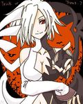  1girl bare_shoulders bat breasts cleavage detached_sleeves fingerless_gloves gelda_nebilim gloves hair_over_one_eye halloween lowres navel orange_background red_eyes short_hair smile tales_of_(series) tales_of_the_abyss white_hair 