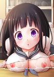  :o bent_over black_hair breast_rest breasts chitanda_eru hyouka large_breasts long_hair looking_at_viewer muu_rian nipples no_bra page_tear purple_eyes revealing_cutout sexually_suggestive solo stuffed_animal stuffed_toy suggestive_fluid table upper_body 