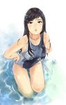  bad_id bad_pixiv_id black_eyes black_hair carina_(xiaowoo) hair_ornament hairclip hands_on_hips highres lips long_hair one-piece_swimsuit original solo swimsuit thigh_gap water wet 