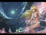  bikini blonde_hair breasts bustier cherry_blossoms cleavage cloud foliage_(artist) janna_windforce league_of_legends long_hair magic medium_breasts navel petals ribbon shiny shiny_skin solo staff swimsuit tiara 