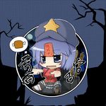  beret blue_eyes blue_hair blush boned_meat chibi dekasudachin drooling food full_moon grave graveyard hat hungry jiangshi meat miyako_yoshika moon night ofuda outstretched_arms shirt short_hair sitting skirt sky solo star touhou tree zombie_pose 