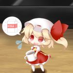  :o ascot bad_id bad_pixiv_id blonde_hair blush chibi cocozasa cup flandre_scarlet flying_sweatdrops food food_on_face hat hat_ribbon holding milk_carton minigirl open_mouth ribbon shirt side_ponytail skirt skirt_set solo speech_bubble spoken_object standing touhou wings 