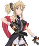  1girl armpits bare_shoulder bare_shoulders blonde_hair blue_eyes coat fingerless_gloves gloves gun legretta long_hair ponytail scarf skirt tales_of_(series) tales_of_the_abyss weapon 