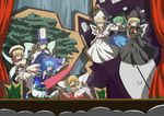  absurdres advent_cirno audience bat black_hair blonde_hair blue_hair brown_eyes cirno claws cross curtains daiyousei drill_hair dual_persona fang grass green_hair hat highres jin_taira lily_black lily_white long_hair luna_child mitre multiple_girls orange_hair purple_eyes red_eyes ribbon scarlet_devil_mansion short_twintails side_ponytail smile staff stage star_sapphire sunny_milk touhou tree twintails yousei_daisensou 
