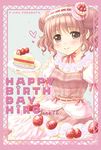  blush cake double_bun dress food fukuda_fukutarou hidamari_sketch hiro pink_hair red_eyes red_hair short_hair solo strawberry_shortcake 