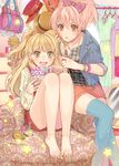  armchair bad_id bad_pixiv_id barefoot blonde_hair blue_legwear bow chair cross fang feet feet_on_chair green_eyes hair_bow hair_ornament idolmaster idolmaster_cinderella_girls jacket jewelry jougasaki_mika jougasaki_rika legs long_legs multiple_girls nail_polish nail_polish_bottle nazuki_nazu necklace pink_hair ponytail ring shorts siblings sisters sitting sleeves_rolled_up star thighhighs toenail_polish two_side_up wide_ponytail 