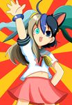  absurdres ahoge animal_ears aqua_eyes bad_id bad_pixiv_id blue_eyes blue_hair blush_stickers bracelet brown_hair cat_ears fang fusion futaba_channel hand_on_hip hand_up heterochromia highres jewelry long_hair macedonian_flag midriff moetron narukami_(nrkm) navel open_mouth school_uniform serafuku short_hair skirt solo sunburst twintails 