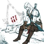  arrow assassin's_creed_(series) assassin's_creed_iii bow bow_(weapon) connor_kenway fingerless_gloves fire gloves gun hood log logo lying no_eyes quiver r-541-e sitting vambraces weapon wolf 