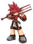  belt chibi elsword elsword_(character) fingerless_gloves full_body gloves highres knight_(elsword) male_focus official_art over_shoulder red_eyes red_hair ress shirt shoes shorts solo spiked_hair sword weapon white_background 