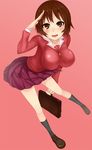  azumanga_daiou blush breasts brown_eyes brown_hair full_body impossible_clothes impossible_shirt jeong_weon kagura_(azumanga_daiou) large_breasts school_uniform shirt short_hair skirt smile 