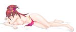  barefoot blush bow breasts fujimaru_(kinakomucch) full_body hair_bow hair_ribbon large_breasts loincloth lying navel nipples nobunaga_no_yabou oichi_(sengoku_musou) on_side panties pink_eyes pokemon pokemon_(game) pokemon_+_nobunaga_no_yabou ponytail pussy red_hair ribbon sengoku_musou simple_background solo thong underwear underwear_only white_background 