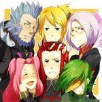  2girls 4boys arietta asch bare_shoulders beard blonde_hair blue_eyes blue_hair blush dist eyes_closed facial_hair glasses green_eyes green_hair hat largo legretta long_hair mask multiple_boys multiple_girls pink_eyes pink_hair purple_hair red_hair short_hair smile sync tales_of_(series) tales_of_the_abyss 