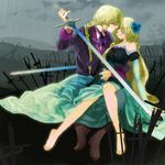  1girl bad_id bad_pixiv_id bare_shoulders barefoot blind_justice blonde_hair blue_eyes blue_flower blue_rose boots braid brother_and_sister coat cravat detached_sleeves doshira dress flower hair_flower hair_ornament long_hair looking_at_viewer matin_catorce nox_catorce rain rose siblings sitting sword tears twins weapon zektbach 