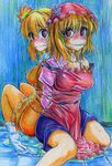  aki_minoriko aki_shizuha bdsm blonde_hair bondage bound bound_together cleave_gag cloth_gag gag gagged hair_ornament highres improvised_gag leaf_hair_ornament multiple_girls nichibotsu_(kitaziman) pee peeing peeing_self red_eyes scared short_hair siblings sisters touhou traditional_media wide-eyed 