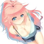  bare_shoulders bent_over blue_eyes blush breasts cleavage collarbone large_breasts leaning_forward long_hair original pink_hair ponytail short_shorts shorts silhouette simple_background smile solo strap sts 
