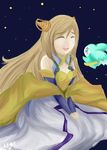  1girl blue_eyes breasts brown_hair creature dress eyes_closed jewelry long_hair mieu open_mouth ring star tales_of_(series) tales_of_the_abyss yulia_jue 