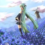  :d aqua_eyes blue blue_flower boots cloud cloudy_sky day detached_sleeves dutch_angle field flower flower_field from_behind green_hair happy hatsune_miku long_hair looking_at_viewer looking_back miniskirt nemophila_(flower) open_mouth outdoors outstretched_arms pleated_skirt reaching skirt sky smile solo spread_arms standing taka_(tamtam_na) thigh_boots thighhighs twintails very_long_hair vocaloid windmill 