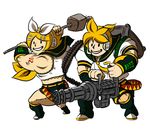  1girl ammunition_belt blonde_hair bow carrying detached_sleeves fallout fallout_new_vegas gatling_gun gun gyamo hair_bow headset highres kagamine_len kagamine_rin minigun muscle parody rebar_club sailor_collar smile solid_circle_eyes vault_boy vocaloid weapon white_background 