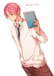  book cardigan genderswap genderswap_(ftm) kuroko_no_basuke male_focus momoi_satsuki necktie pink_eyes pink_hair school_uniform sleepy69 solo 