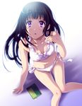  :o bare_legs bikini black_hair book breasts chitanda_eru cleavage from_above hyouka knees_together_feet_apart knees_touching legs long_hair looking_up medium_breasts navel purple_eyes shian_(my_lonly_life.) sitting solo swimsuit 