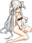  animal_ears bad_id bad_pixiv_id bare_legs barefoot bikini black_bikini cat_ears cup elsword eve_(elsword) flat_chest full_body highres horns kneeling long_hair poseich solo swimsuit tea teacup white_background white_hair yellow_eyes 