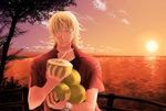  barnaby_brooks_jr blonde_hair coconut drinking_straw fruit_cup glasses green_eyes male_focus smile solo sunset tiger_&amp;_bunny yurureia 