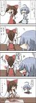  2girls 4koma ? ahoge arm_up ascot blue_hair blush brown_hair closed_eyes comic crying crying_with_eyes_open detached_sleeves flying_sweatdrops frills hair_ribbon hair_tubes hakurei_reimu highres holding knife kumo_(atm) long_hair multiple_girls open_mouth pointing ribbon sitting skirt smile solid_circle_eyes tatara_kogasa tears tomato touhou translated trembling umbrella vest walking 