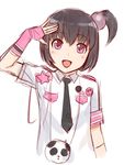  black_hair fingerless_gloves gloves ha-ru hair_ornament momochi_minami necktie open_mouth original pink_eyes salute short_hair side_ponytail smile solo 