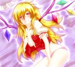  alternate_hair_length alternate_hairstyle blonde_hair blush breasts cleavage fangs flandre_scarlet large_breasts lying masturbation older open_clothes open_shirt panties red_eyes saliva shirt solo soubi tears touhou underwear undressing wings 