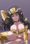  1girl annelotte armor black_hair boots bottomless breastplate breasts censored cleavage cowgirl_position dark_skin elf gauntlets girl_on_top hetero large_breasts lipstick long_hair makeup penis pointy_ears pussy_juice queen's_blade queen's_blade_rebellion red_eyes sex slit_pupils straddling thigh_boots thighhighs vaginal yaomai 