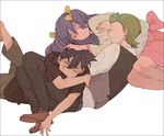  2boys bad_id bad_pixiv_id black_hair border bow closed_eyes dent_(pokemon) dress dress_shirt green_hair hair_bow iris_(pokemon) light_smile loafers long_hair mata_tabi multiple_boys pants pokemon pokemon_(anime) pokemon_bw_(anime) purple_hair satoshi_(pokemon) shirt shoes short_hair simple_background sleeping two_side_up waistcoat white_background 