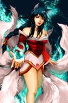  ahri animal_ears bare_shoulders betrayal-and-wisdom blue_hair braid detached_sleeves dress fox_ears fox_tail korean_clothes league_of_legends lips long_hair magic multiple_tails short_dress smile solo tail yellow_eyes 
