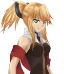  1girl aqua_eyes bare_shoulders blonde_hair breasts coat highres legretta long_hair ponytail scarf tales_of_(series) tales_of_the_abyss 