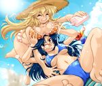  barefoot bikini blonde_hair blue_hair bottle breasts brown_eyes cameltoe cleavage closed_eyes drink fang frilled_bikini frills glasses hat large_breasts lens_flare light_rays long_hair lotion lotion_bottle multiple_girls navel open_mouth original perspective ranbu_hararin straw_hat sunbeam sunlight sunscreen swimsuit 