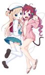  :d :o absurdres ahoge animal_ears backpack bag bandages blonde_hair blue_eyes blush borrowed_character cat_ears cat_tail fang hair_ribbon hat hazuki_watora headset highres holding_hands hood hoodie interlocked_fingers long_hair muku_(muku-coffee) multiple_girls naked_hoodie navel open_mouth original panties purple_eyes randoseru red_hair ribbon sandals school_uniform shimotsuki_potofu smile tail thighhighs twintails two_side_up underwear white_legwear white_panties 