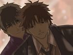  black_hair brown brown_hair commentary_request derivative_work emiya_kiritsugu evil_smile facial_hair fate/zero fate_(series) gyess963 kotomine_kirei male_focus multiple_boys muted_color official_style parody smile stubble you_gonna_get_raped 