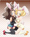  2girls animal_ears artist_request bel_(pokemon) blonde_hair blue_eyes blush brown_hair bunny_ears chorimokki gloves green_eyes heels high_heels kneeling long_hair multiple_girls pokemon pokemon_(game) pokemon_bw shoes shorts smile touko_(pokemon) 