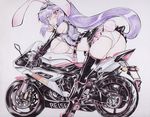  adapted_costume all_fours animal_ears ass bare_shoulders belt bent_over blush boots breast_rest breasts bunny_ears bunny_tail colorized condom covered_nipples curvy goggles goggles_on_head ground_vehicle heart knee_boots large_breasts lavender_hair long_hair microskirt motor_vehicle motorcycle mouth_hold okiraku_nikku panties pink_panties red_eyes reisen_udongein_inaba revealing_clothes shikishi skirt slit_pupils solo tail thighhighs touhou traditional_media underwear upskirt very_long_hair 