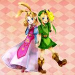  1girl animal_ears blonde_hair blue_eyes bunny_ears child hachimaru_(ediciusa) hat highres link mask pointy_ears princess_zelda smile the_legend_of_zelda the_legend_of_zelda:_ocarina_of_time young_link young_zelda younger 