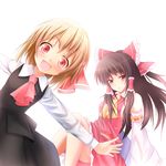  ascot black_hair blonde_hair bow brown_eyes detached_sleeves dress_shirt fang hair_bow hair_ribbon hair_tubes hakurei_reimu highres mujina_tanuki multiple_girls navel open_mouth outstretched_arms red_eyes ribbon rumia shirt skirt smile touhou 